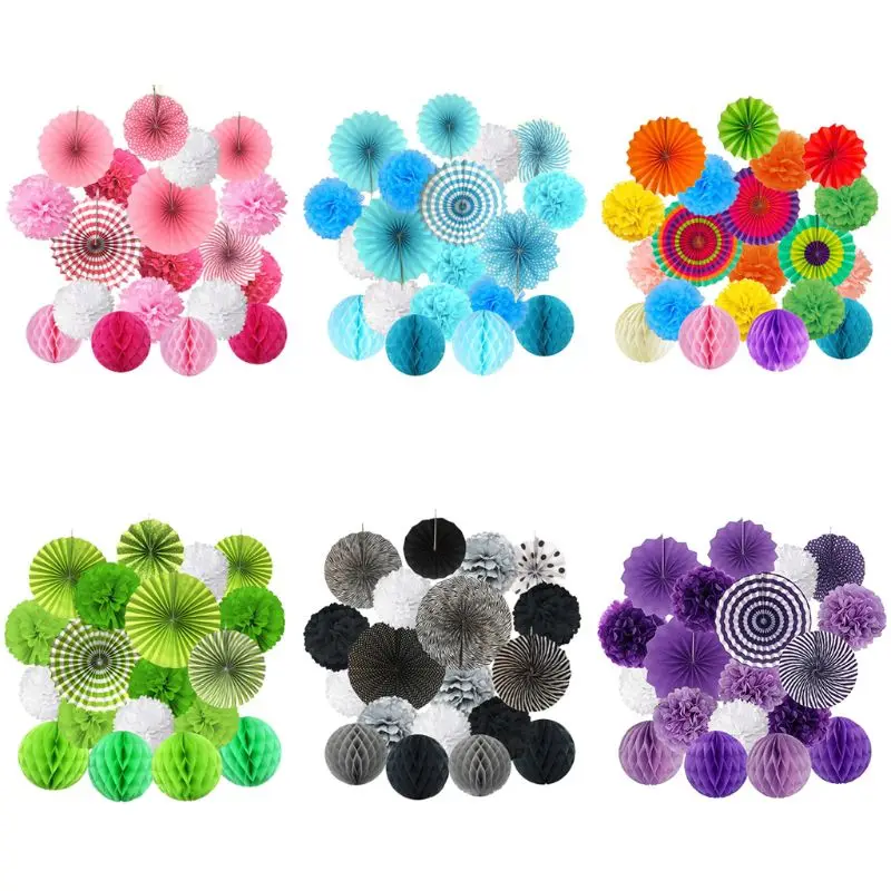 

1 Set Colorful Hanging Paper Fan Flower Pompom Honeycomb Balls Wedding Birthday Baby Shower Festival Party Props Decorations