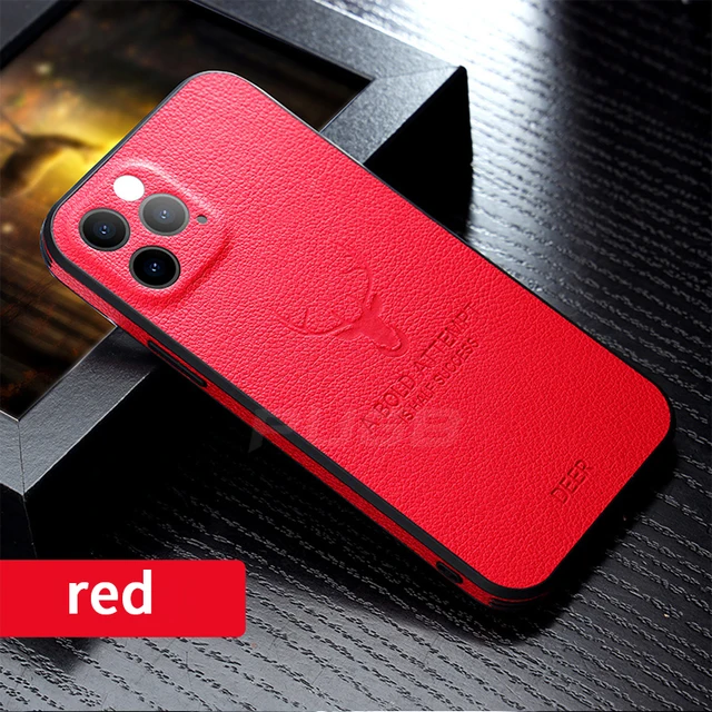 Luxury Leather Texture Square Frame Case For iPhone 11 12 13 Pro Max Mini X XR XS Deer Camera Protection Shockproof Phone Cover Red