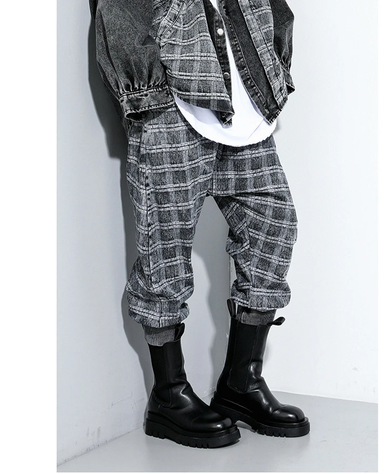 [EAM] High Elastic Waist Black Denim Plaid Harem Trousers New Loose Fit Pants Women Fashion Tide Spring Autumn 2020 1DA090