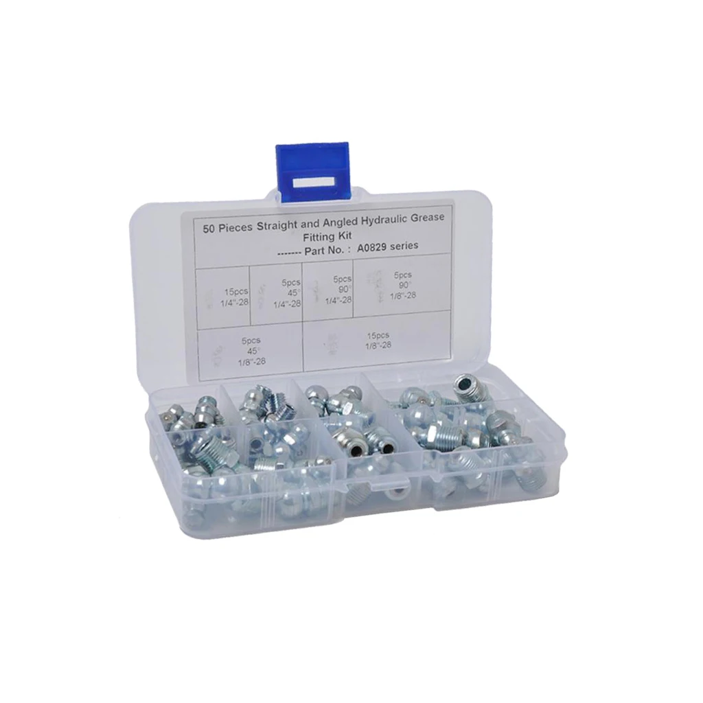 50pcs Grease Hydraulic Zerk Fitting Kit grease fitting kit 1/4" 1/8" SAE Straight 90 45 Degree