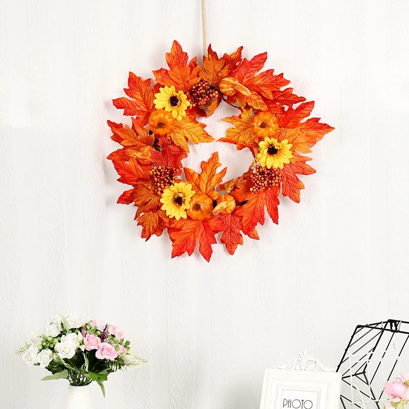 

Artificial Pumpkin Maple Leaves Sunflower Wreath Home Harvest Decoration Christmas Wreath Thanksgiving Decoration Autumns Decor