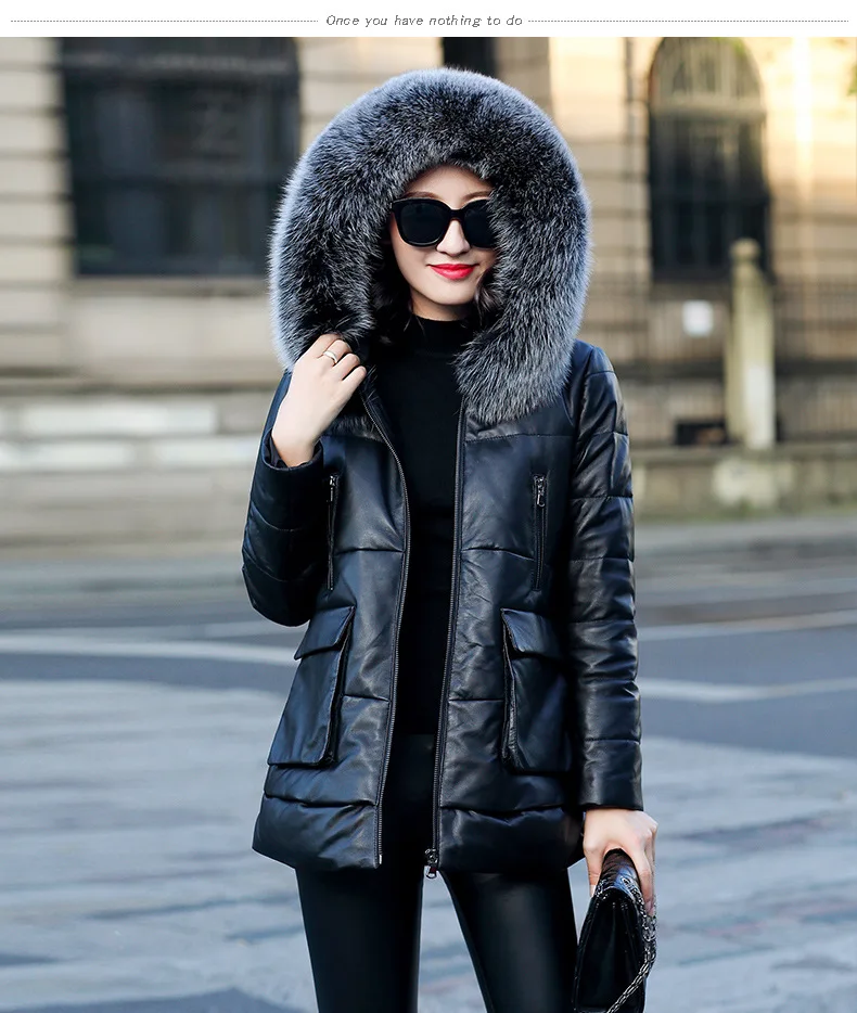Женская зимняя куртка из натуральной кожи с капюшоном и лисьим мехом; пуховое пальто из натуральной овчины; теплые куртки; Veste Femme ZM-069; KJ3134
