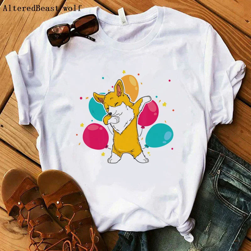 

Corgi Dog Dabbing With Balloons Cute Cartoon TShirt Women Short Sleeve Funny T shirt Printed Style Female Fashion Tee Tops