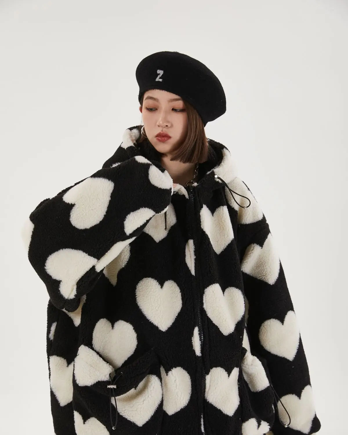 Student Hooded Cotton Women's Hearts Print Fur Jacket - true deals club