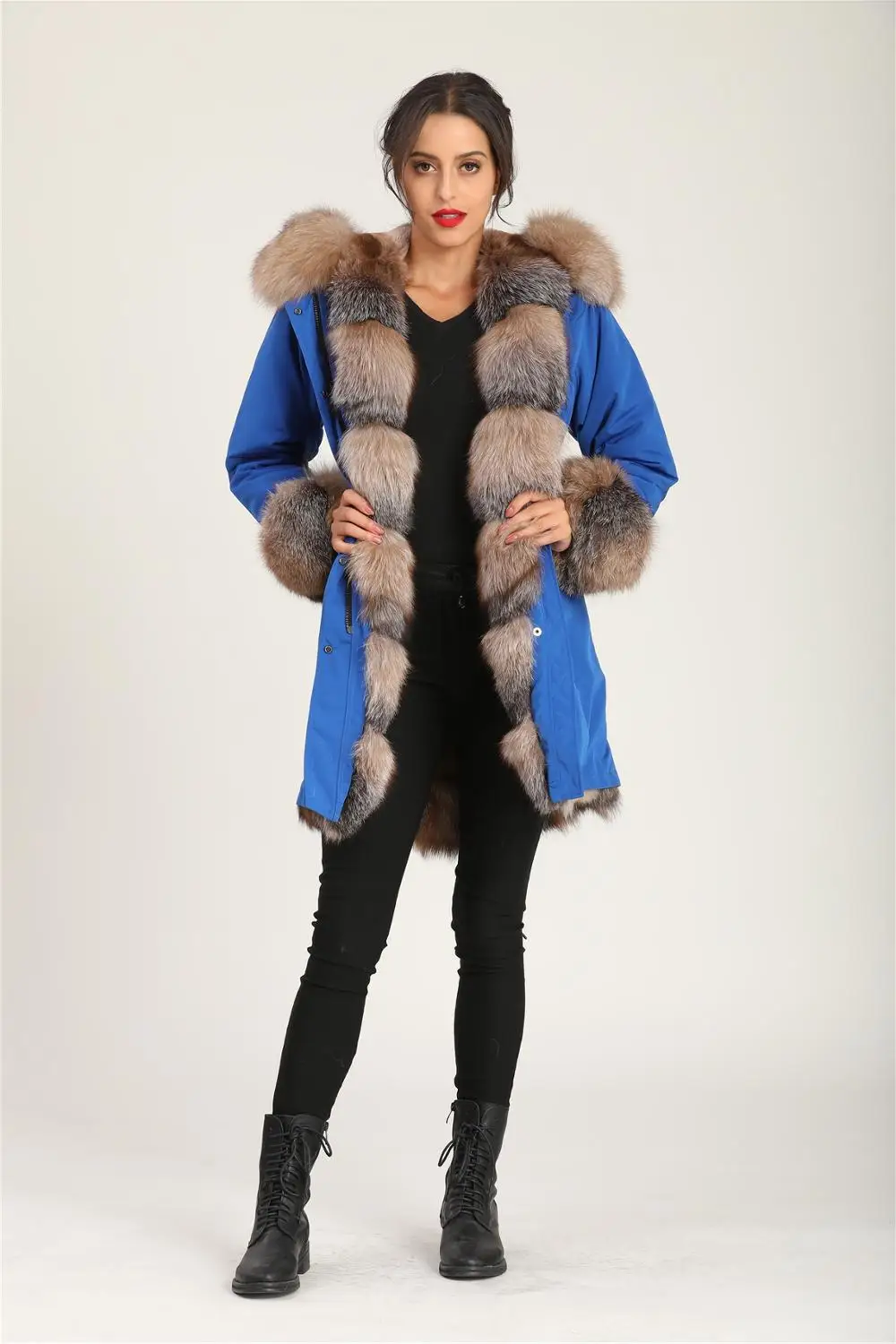 Женское зимнее пальто в винтажном стиле,, Nobel Cool, блестящая синяя куртка в шотландскую клетку с лисьим мехом, парка с манжетами