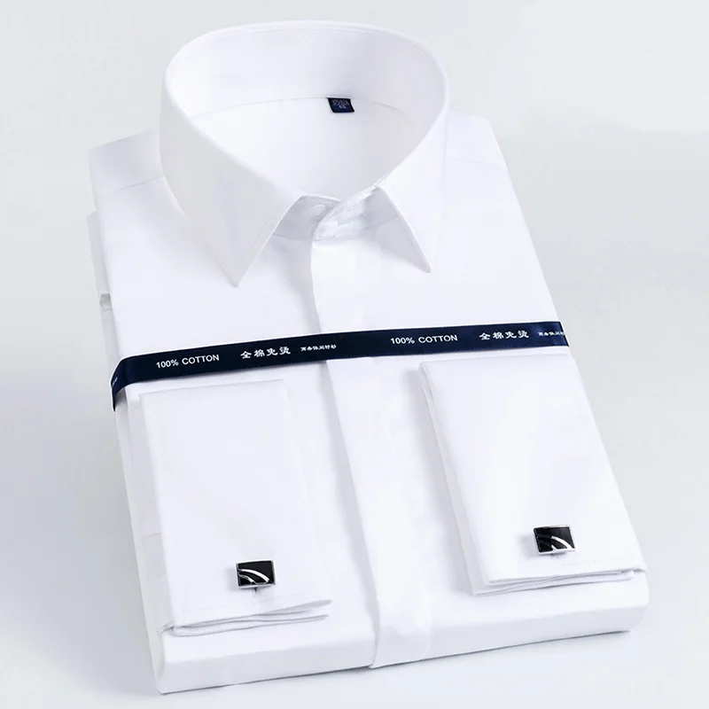 white Высокое качество мужские французские запонки рубашка Slim Fit хлопковая рубашка мужские деловые костюмы с длинными рукавами свадебные рубашки для вечеринок - Цвет: white