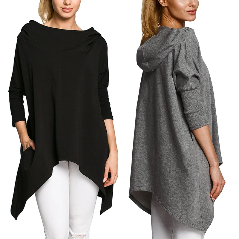 Модная трикотажная блузка ZANZEA женская блузка повседневная с длинным рукавом с капюшоном топы Асимметричная рубашка свободные карманы Блузы туники