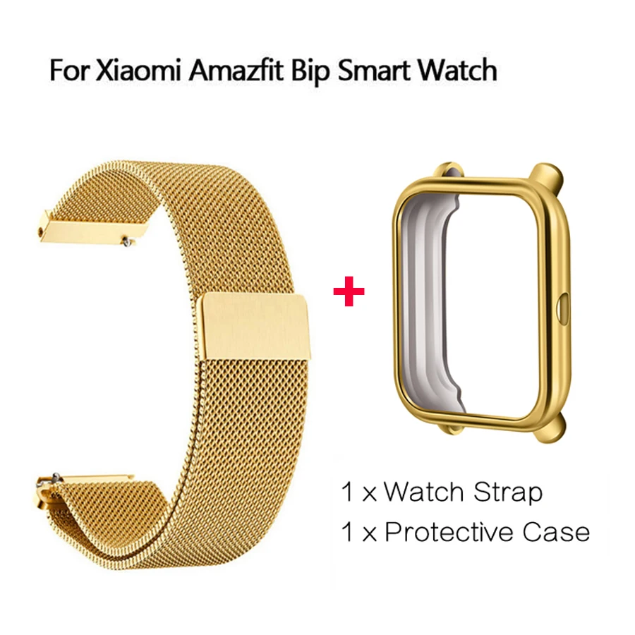 2 в 1 для Amazfit Bip ремешок металлический Миланский магнитный браслет+ ТПУ чехол протектор для часов для Xiaomi Amazfit Bip аксессуары - Цвет: Golden case package