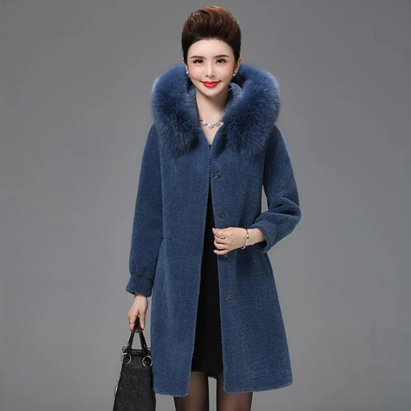 fox fur middle-aged fur one fur coat female long section granule sheep shearing mother coat large size coat - Цвет: as picture