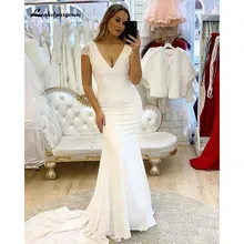 

Deep V Neck Mermaid Wedding Dresses Satin Cap Sleeve Sexy Lace Backless Sweep Train Customize Bridal Gown