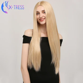 

X-TRESS Blonde Colored Synthetic Wigs 28inch Long Straight Machine Wig Cosplay Lolita Wig Heat Resistant Hair For Women