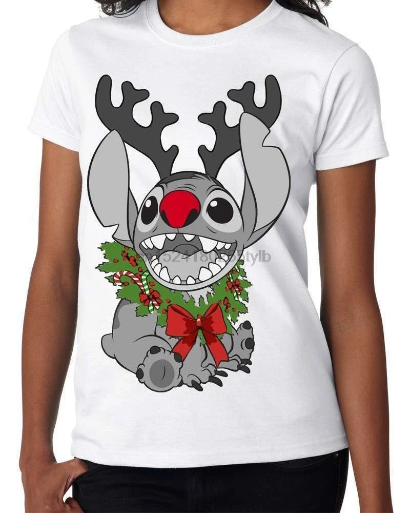 Christmas Reindeer Stitch Funny White T-Shirt Nani Lilo Pelekai Pleakley S-6XL |