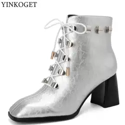 ALLBITEFO/Модные женские ботинки из натуральной кожи; ботильоны на высоком каблуке с металлическим украшением; сезон осень-зима; ботинки для