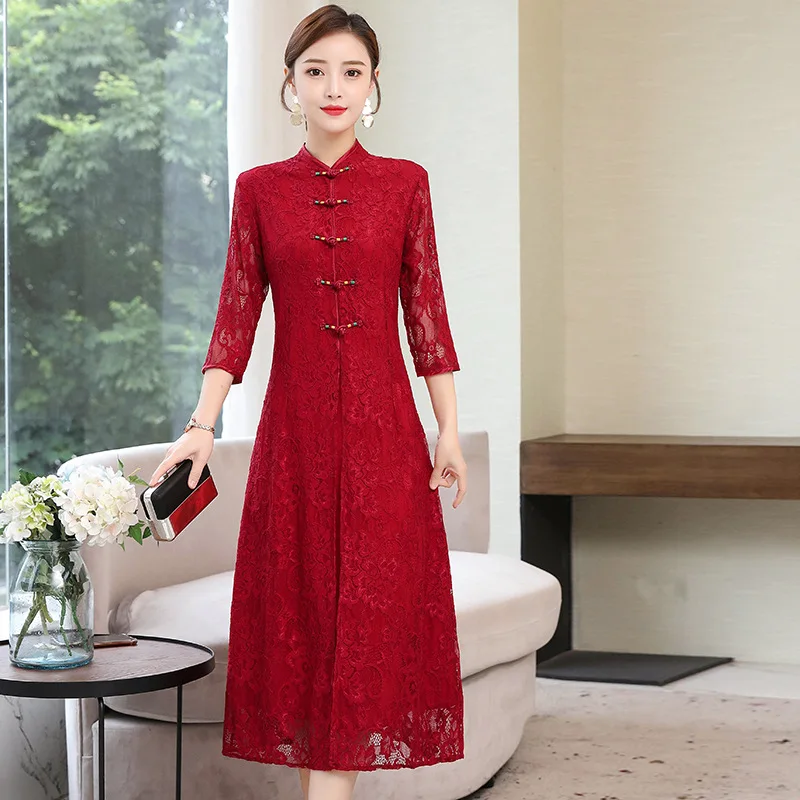 

2019 New Style Audrey Cheongsam Middle-aged Women Dress Wine Red Lace Chinese-style Hi Grandma Wedding Banquet Nobility Formal D