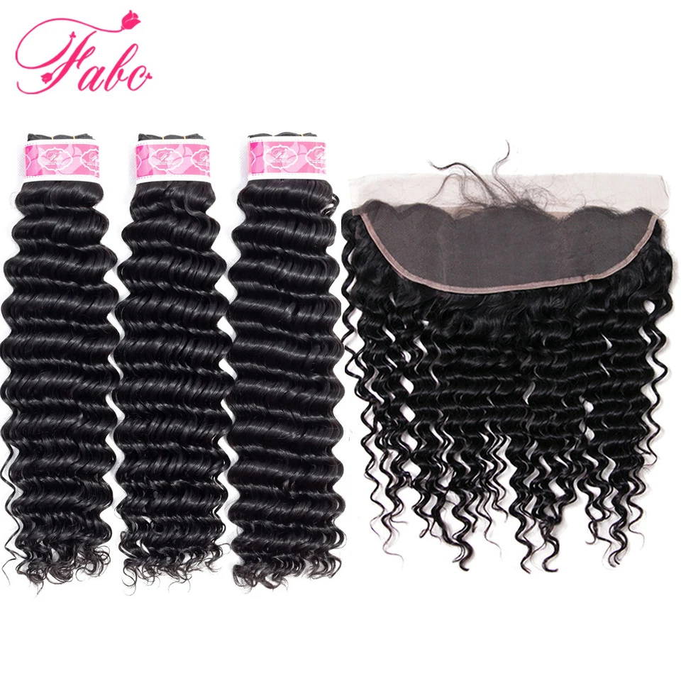 

Fabc Hair Peruvian Deep Wave Bundles With Lace Frontal Pre-plucked Non Remy Human Hair Weave 3 Bundles With Baby Hair