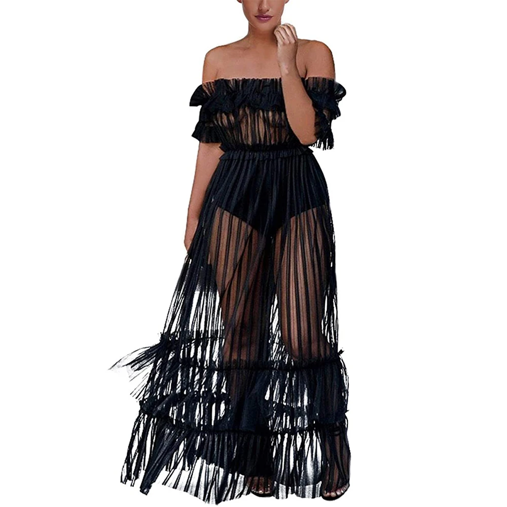 

Maketina 2020 Women's Sexy Lace Off Shoulder Plus Size High Wasit Flared Mesh Club Maxi Dress Beach Cover Up