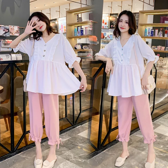 

Pregnant Women Autumn Clothing New Style Loose And Plus-sized V-neck Cute Puff Sleeve Fashion Mom T-shirt Large Size Maternity P