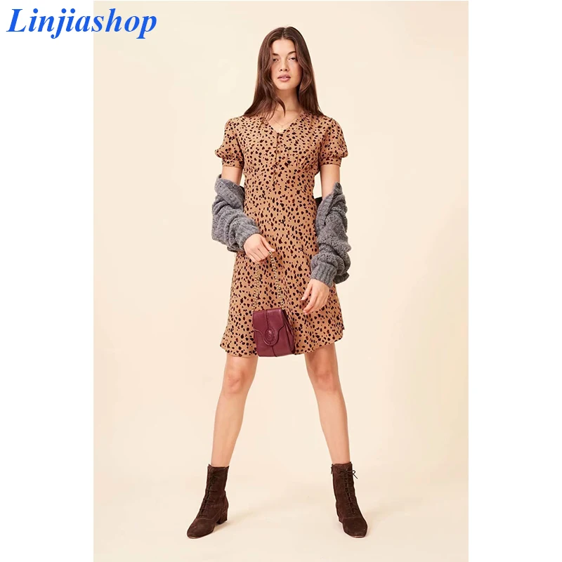 Linjiashop, винтажное женское платье с v-образным вырезом, французский леопард, облегающее, тонкая подкладка, короткий рукав, платье с запахом, женское платье, vestidos, Прямая поставка