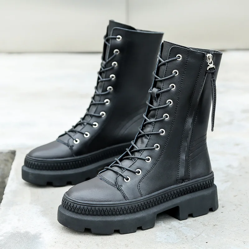 Winter Genuine Leather Chunky Motorcycle Boots Women Autumn Fashion Round Toe Lace-up Combat Military Boots Ladies Shoes