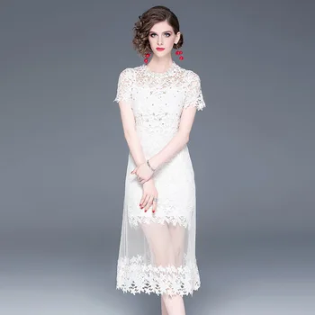 

women white lace nail bead floral dresses 2020 summer long hip casual sexy office work beach plus size dress slim fit
