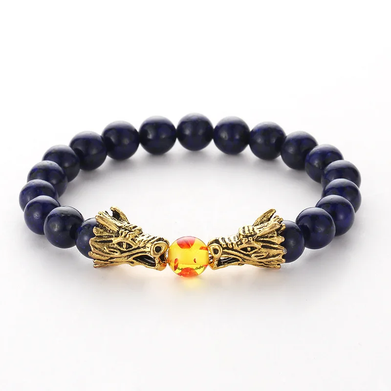 

Black Lava White Pine Stone Beads Bracelet Bangle Gold Double Dragon Alloy Accessories Jewelry For Men Woman Buddha Gift 2019