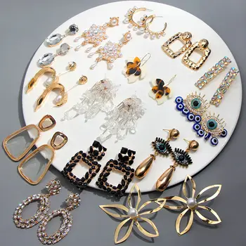 

Flatfoosie Metal Flower Drop Earrings For Women Handmade Geometric Colorful Crystal Statement Earring Jewelry Wholesale