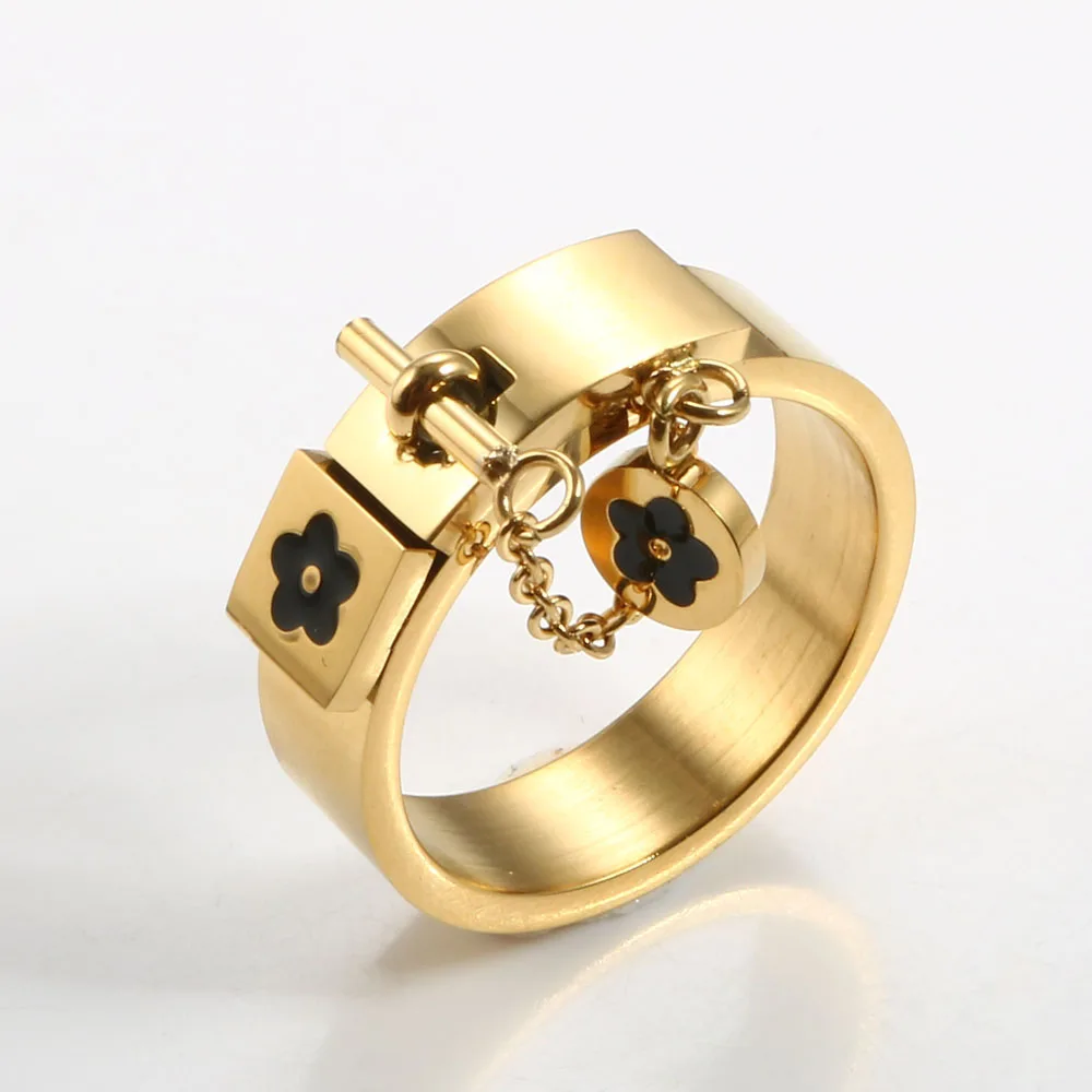 Gold Rings Stainless Steel Rings Finger Rings Luxury Gold Color Stainless Steel Ring Lucky Flower Charm Rings Jewelry Gift For Women Girls Wedding Party Finger Rings