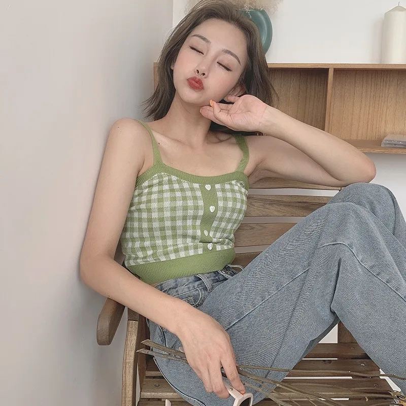 4 Color Retro Sweet Plaid Pattern Knit Camisole Sexy Slim Women's Bottoming Crop Top Knitted Black/Green/Blue/Red 4 Color Camis