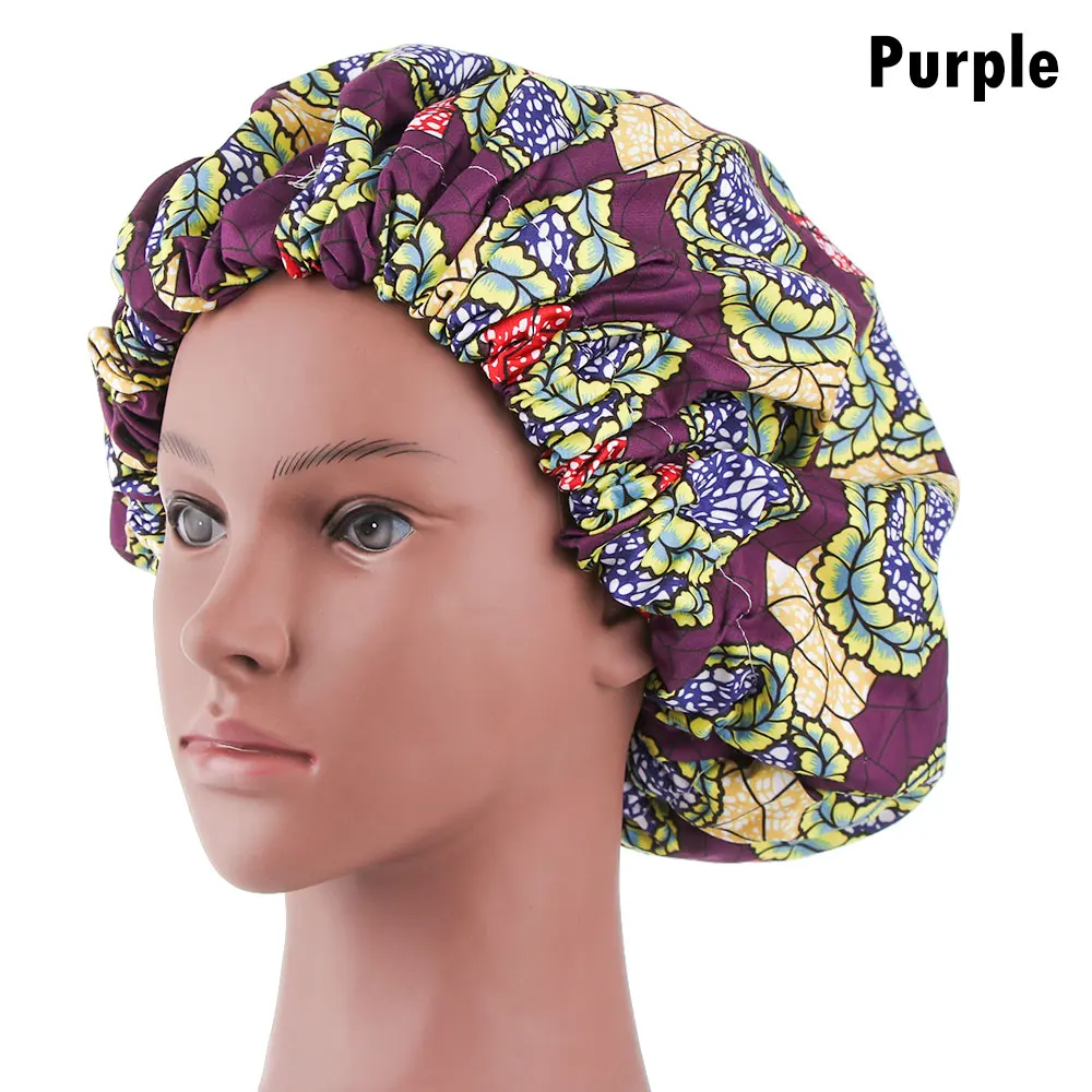 1 шт. новые очень большие атласные выстроились Bonnets для женщин Африканский узор печати ткань Анкара Bonnets ночной сон шляпа женский тюрбан подарки - Цвет: purple