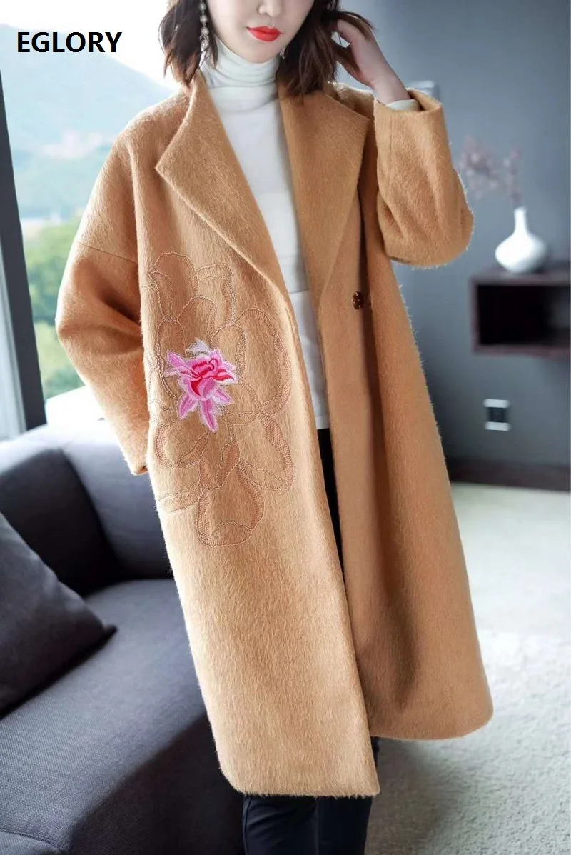 

3XL Size Wool Outerwear & Coats 2020 Winter Fashionable Women Sweet Floral Embroidery Covered Button Casual Warm Wool Blend Coat