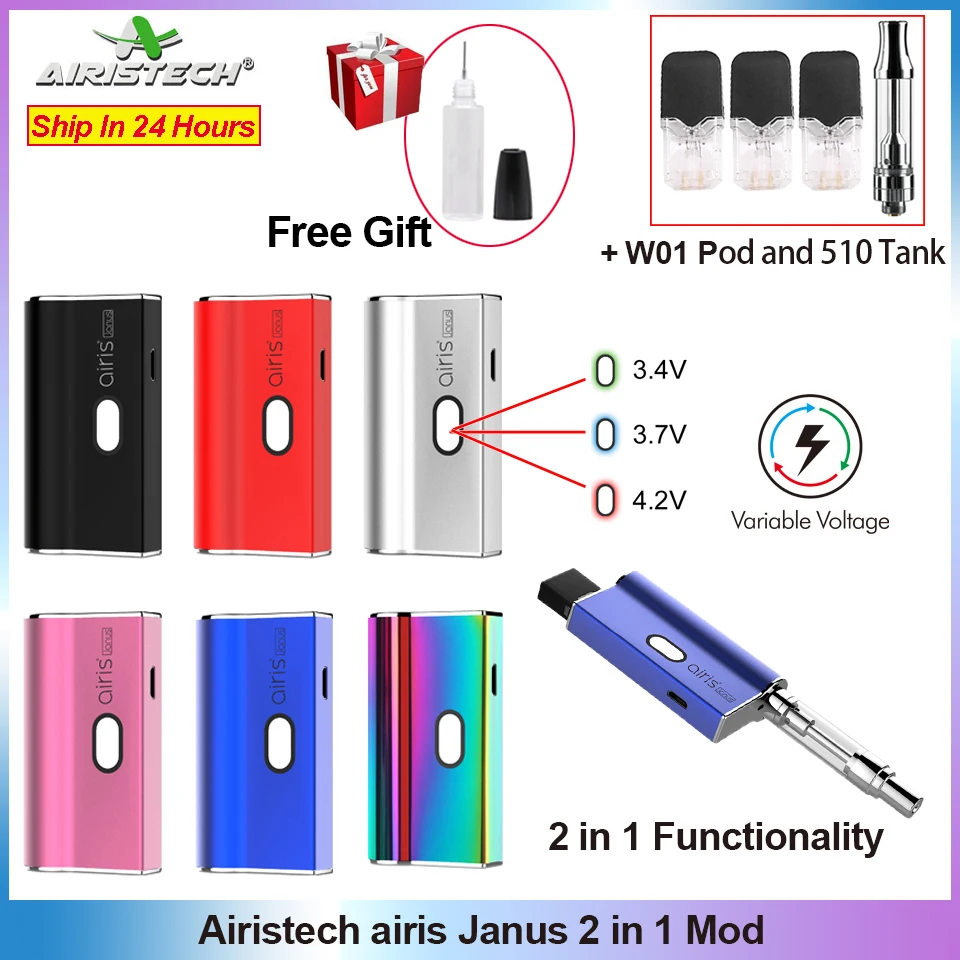 AIRISTECH Janus 2-в-1, испаритель Vape Mod CBD масляный испаритель стручок мод Системы с 510 бак КБР W01 картридж стручки электронная сигарета