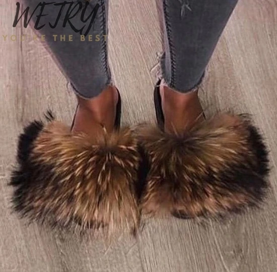 2019 Fashion Fluffy Real Fox/Raccoon Fur Slippers Women Sandal Shoes Flat Slides 