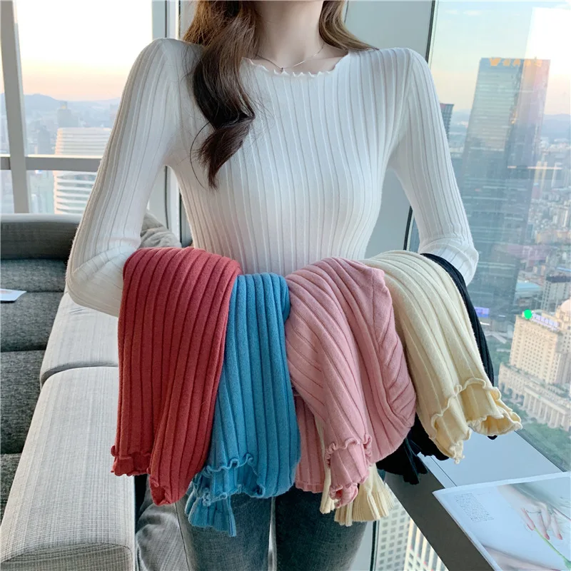 

2020 Autumn and Winter New Style Slim Fit Lace Collar Pullover Sweater Female Slimming Bell Sleeve Knit Low Waist Jersey Long Sl