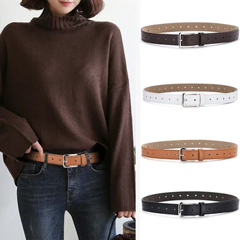 

Fashion Women Square Button Leather Belt for Jeans Ladies Luxury Brand Alloy Pin Buckle Waist Belts Female Wild Retro Waistband