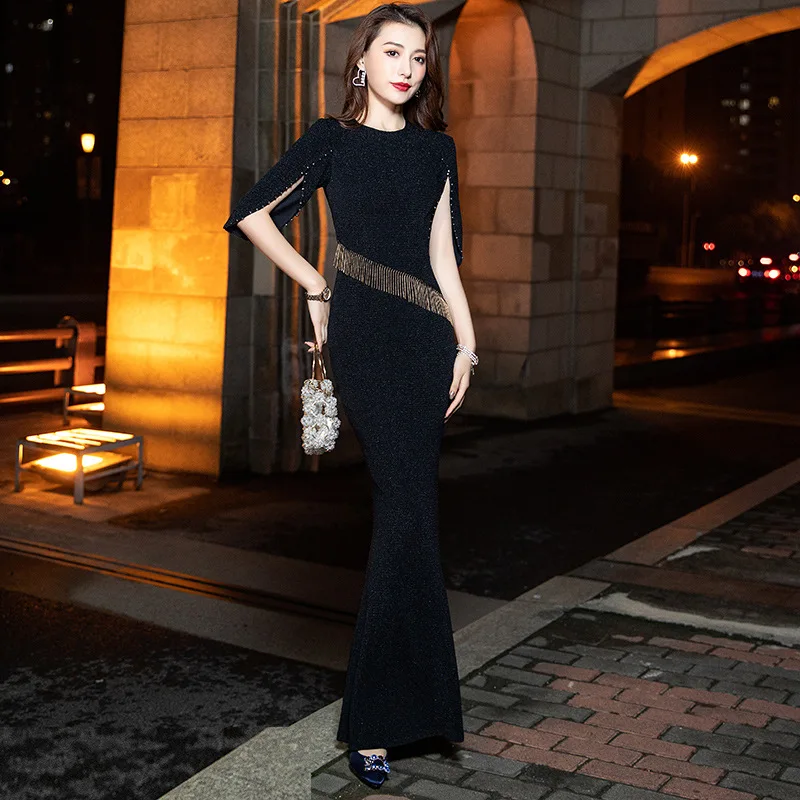 

Sexy Tassel Split Half Sleeve Bride Mermaid Evening Dress Cheongsam Back Zipper Prom Fomail Gown Vestidos De Noche