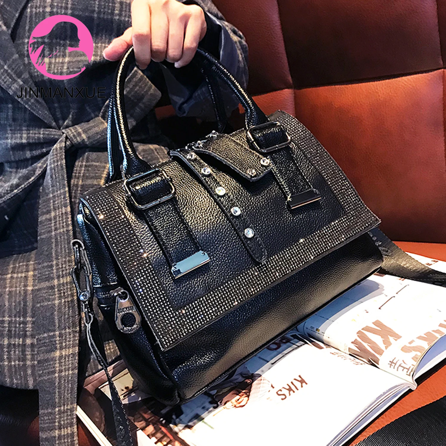 

2020 New Style Cowhide Hot Rhinestone Handbags Soft Leather Tote Large Capacity Fashion Casual Messenger Shoulder Bags