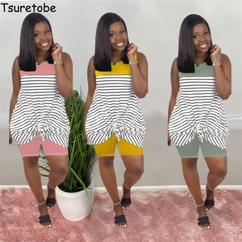 

Tsuretobe Stripe Patchwork 2 Piece Set Women Casual Tracksuit Summer Tops And Shorts Suits Sweet Matching Sets Sleeveless Outfit