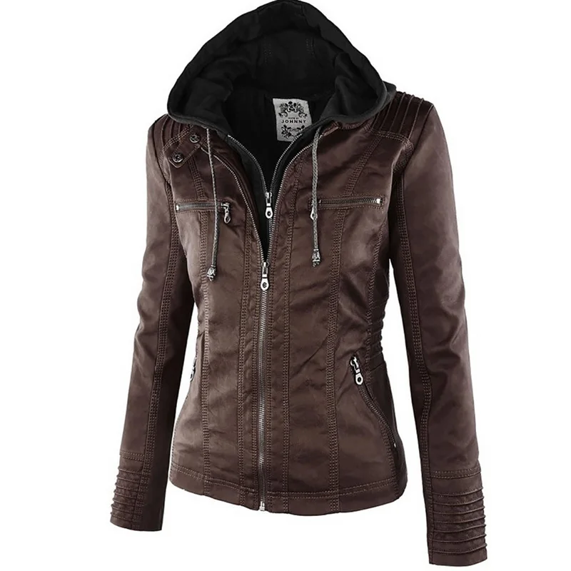 С оторочкой капюшона из искусственного кожаное пальто женское Черная байкерская кожаная куртка для женщин; Большие размеры зимнее теплое пальто женский ветрозащитный Изящная верхняя одежда - Цвет: Brown