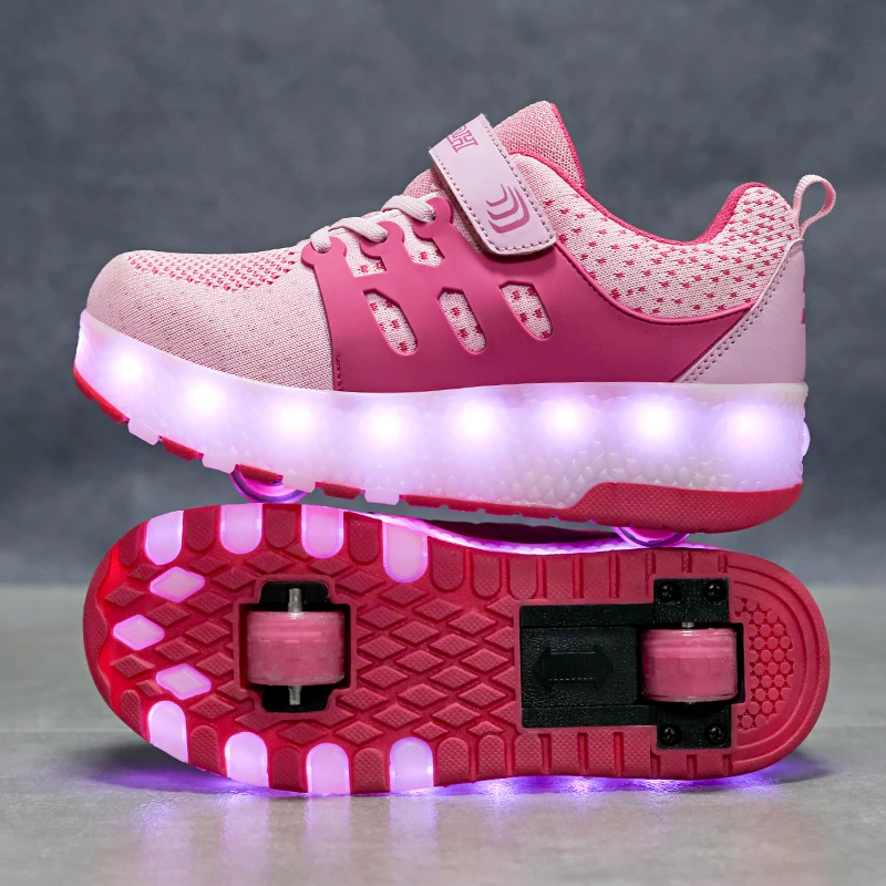 Two Wheels Luminous Sneakers USB Charging Led Light Roller Skate Shoes For Children Kids Boys Girls Up 2020 | Детская одежда и