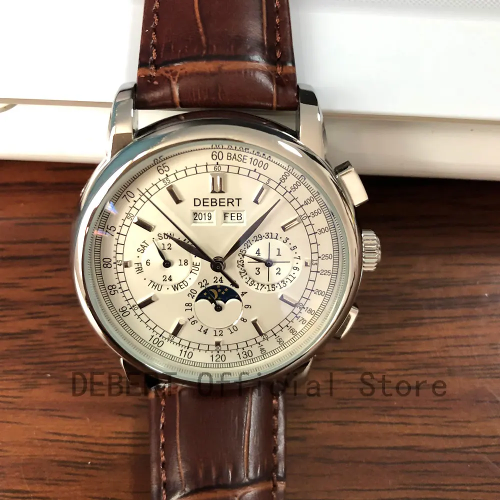 Tanie Top marka 42mm Debert mechaniczne zegarki na rękę faza księżyca biała tarcza srebrny rok dzień miesiąc tydzień 316L SS Case automatyczny zegarek mężczyzn