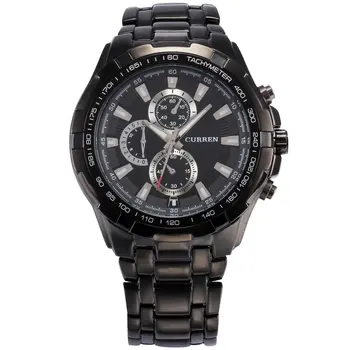 

8023 black shell black surface black steel belt three-eye quartz watch
