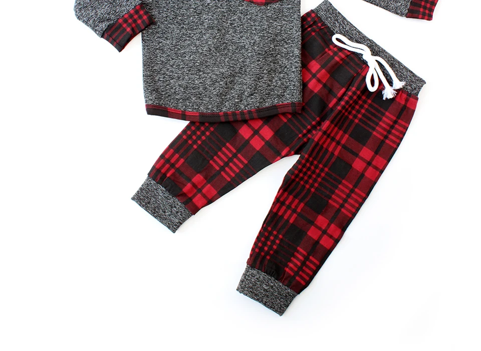 Комплект зимней детской одежды для маленьких мальчиков; красная клетчатая толстовка с капюшоном; топы; штаны; спортивные костюмы; одежда для детей; Рождественский костюм для мальчиков