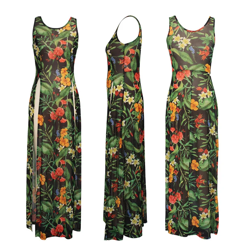 Women Sexy Cover-Ups Dress Split Perspective Bikini Smock Fashion Plant Printed High-waist Sleeveless Beach Long Dress Summer