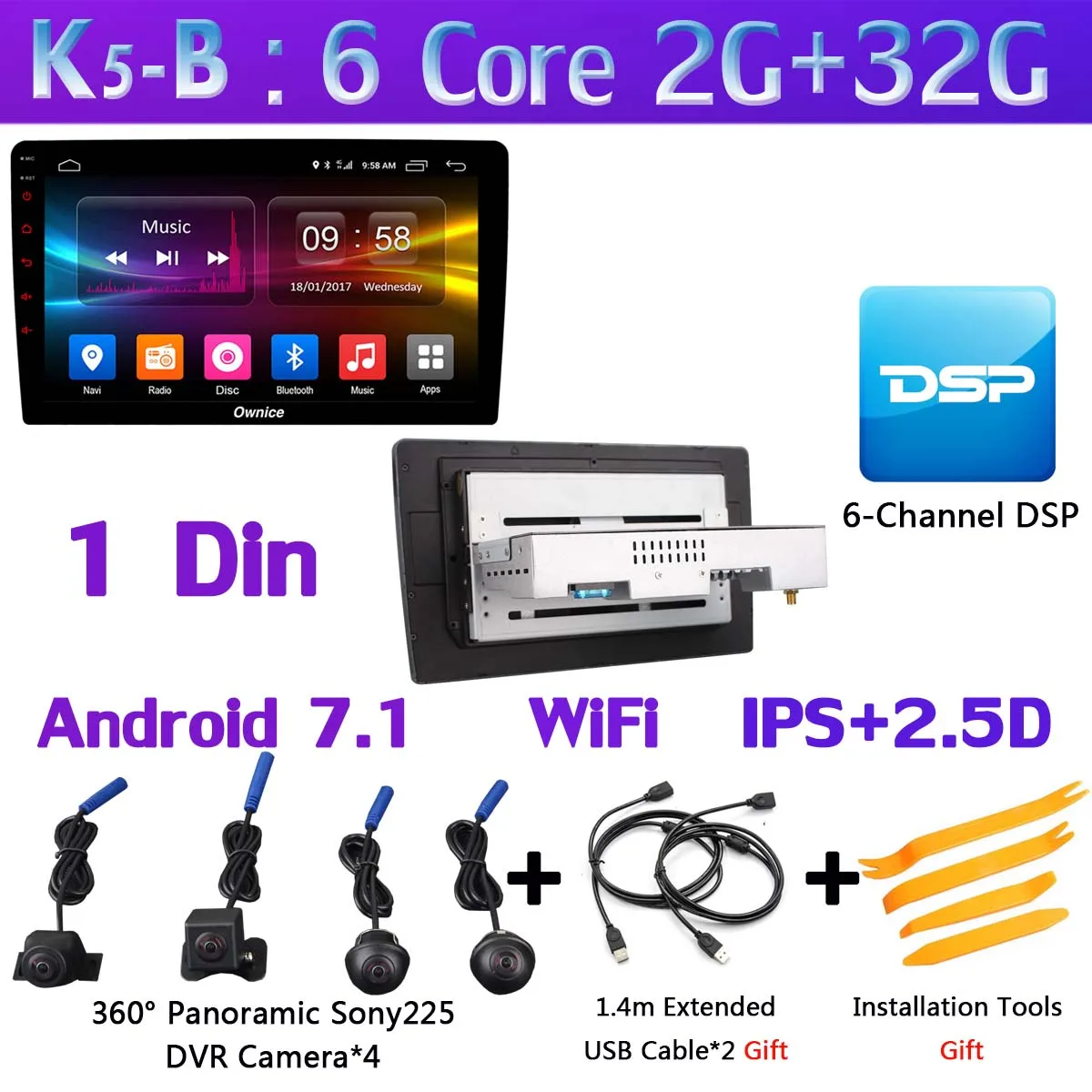 Ownice K5 360 ° панорамная 4 × AHD DVR камера Android 7,1 6Core 2 Гб+ 16 Гб/32 ГБ Автомобильный мультимедийный плеер Радио Стерео gps DSP CarPlay WiFi - Цвет: 1 Din-K5-B