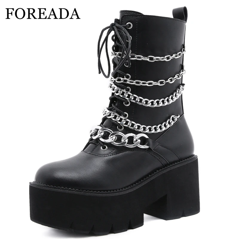 

FOREADA Woman Motorcycle Boots Autumn Chain Platform Thick Heel Shoes High Heel Round Toe Zipper Ladies Med Calf Boots 42 Black