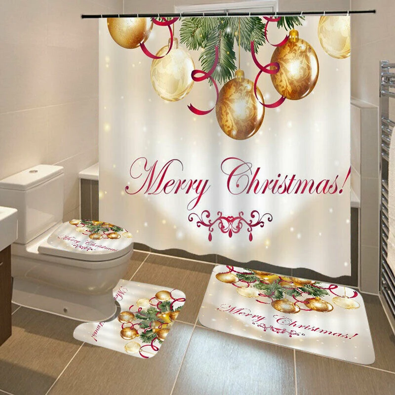Modern Bathroom Christmas Shower Curtain& 3pcs / 4pcs Mat Set Toilet Cover christmas pendant decorations ornaments