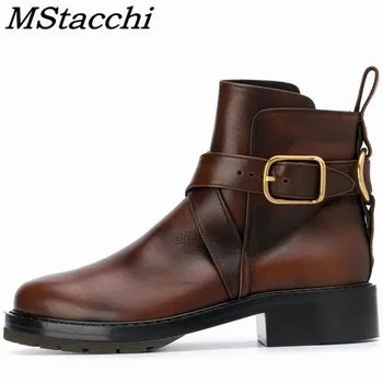 

Mstacchi Buckle Genuine Leather Women Short Boots 2020 New Winter Thick Bottom Mature Fashion Madam Shoes Botki Damskie Jesienne