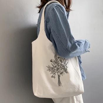 

Women Canvas Shopping Bag Literary Vintage Print Female Cloth Shoulder Bag Korean Eco Handbag Tote Grocery Shopper Bags Book Bag