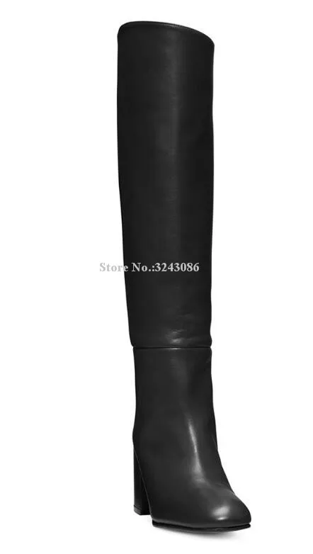 Новые Коричневые, черные кожаные сапоги до колена на не сужающемся книзу массивном каблуке женские пикантные высокие сапоги на толстом каблуке с круглым носком без шнуровки женская зимняя обувь большого размера