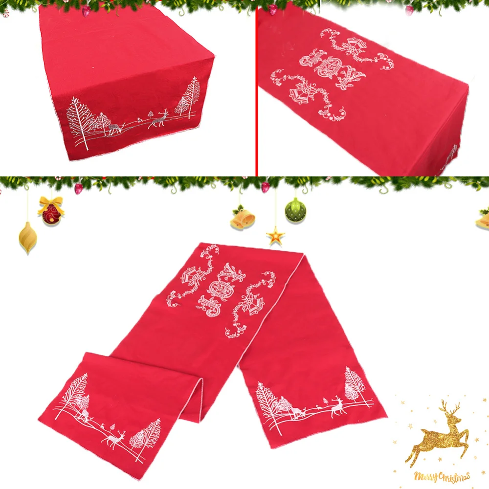 OHEART Red Christmas Table Runner Embroidered Holly Leaf Tree Elk Ranner Gift Holiday Decorations New Year | Дом и сад